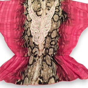 Roamans Pink Boho Top Blouse Beaded Elastic Waist Tassels Crochet Plus Size 22